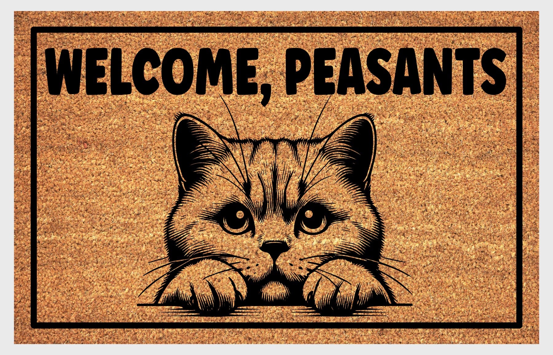 British Shorthair Cat, Welcome Peasants Doormat #1 Closeup