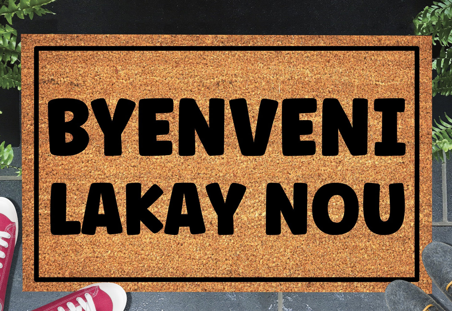 Byenveni Lakay Nou Haitian Creole doormat in doorway