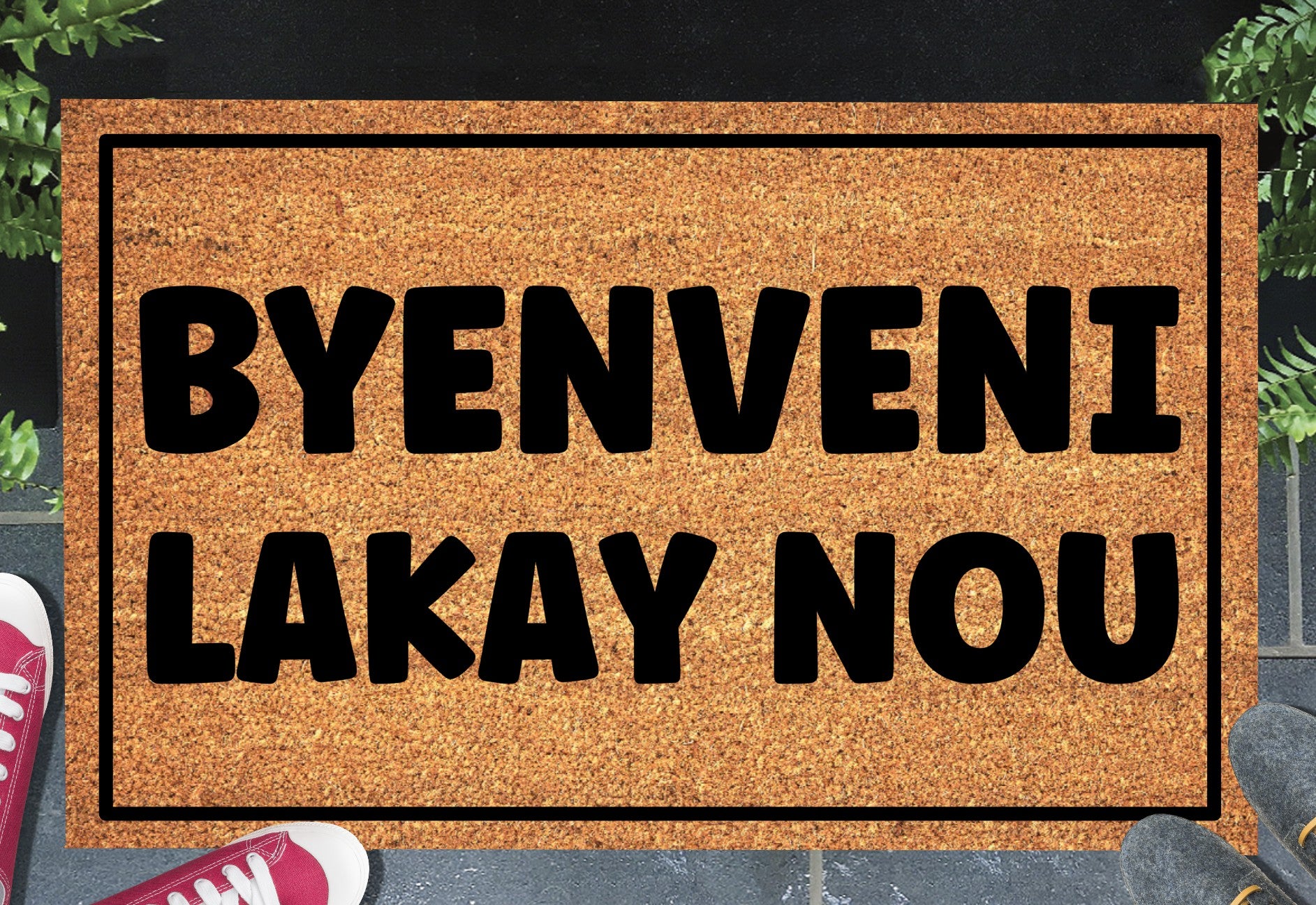 Byenveni Lakay Nou Haitian Creole doormat in doorway