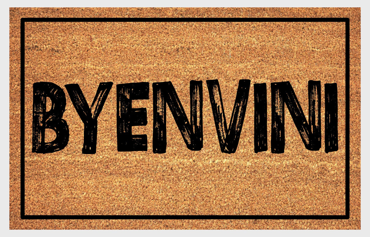 Byenvini natural coir doormat close-up showing texture and lettering