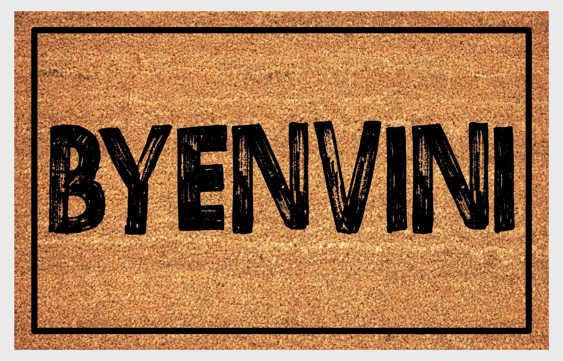 Byenvini natural coir doormat close-up showing texture and lettering