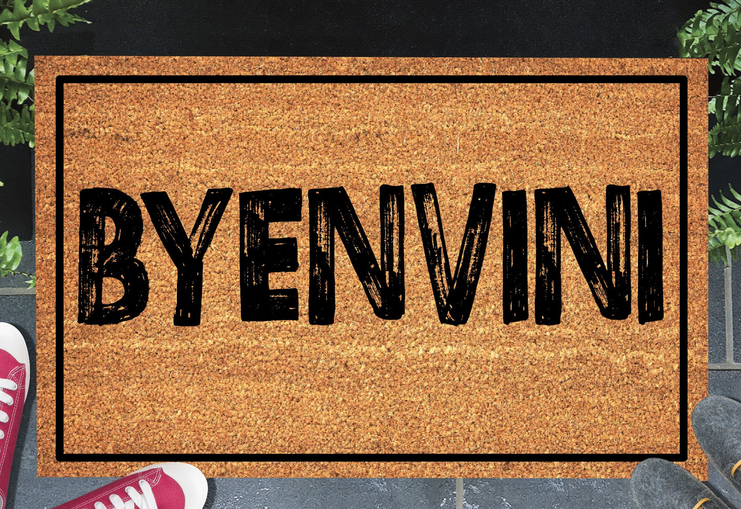 Byenvini Haitian Creole welcome doormat displayed at a front doorway