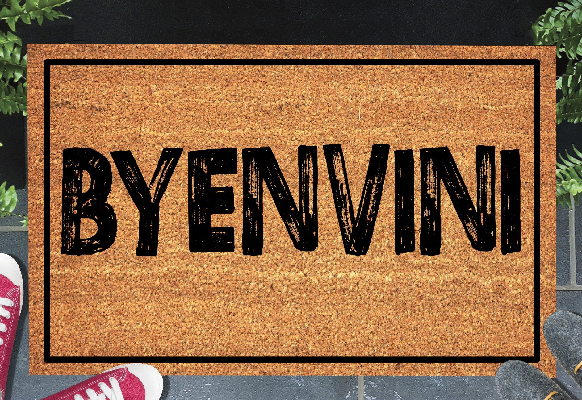 Byenvini Haitian Creole welcome doormat displayed at a front doorway