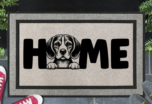 Beagle all-weather doormat with Beagle illustration replacing the letter O in HOME — woven polyester, 18x30