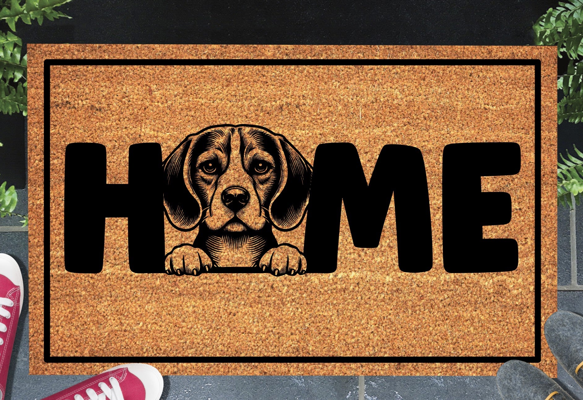 Beagle coir doormat with Beagle illustration replacing the letter O in HOME — natural coconut fiber welcome mat