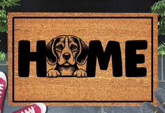 Beagle coir doormat with Beagle illustration replacing the letter O in HOME — natural coconut fiber welcome mat