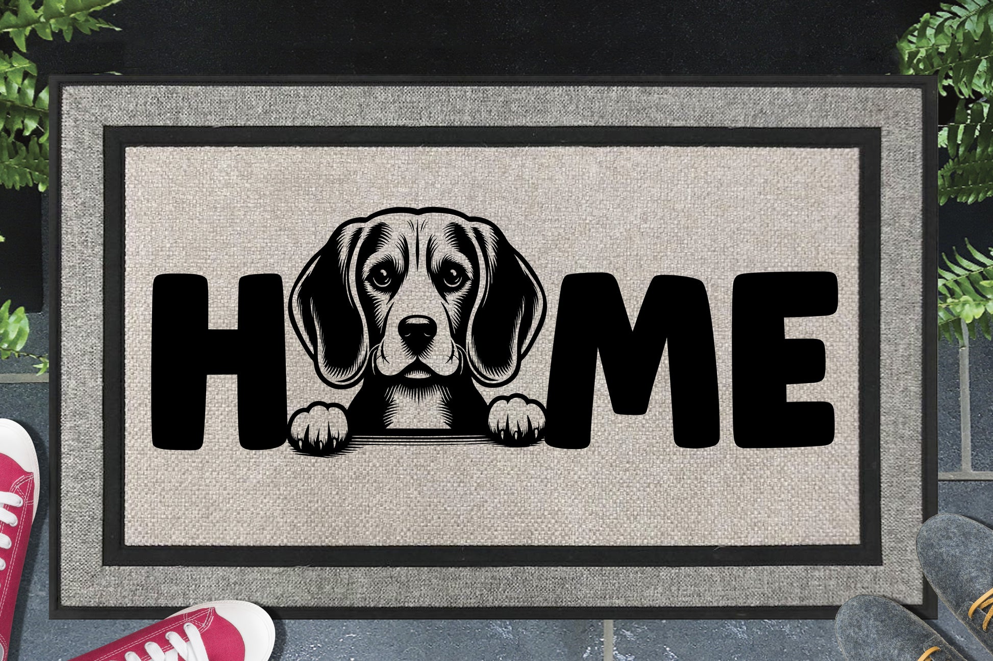 Beagle all-weather doormat with Beagle illustration replacing the letter O in HOME — woven polyester, 18x30