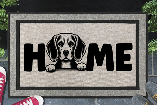 Beagle all-weather doormat with Beagle illustration replacing the letter O in HOME — woven polyester, 18x30