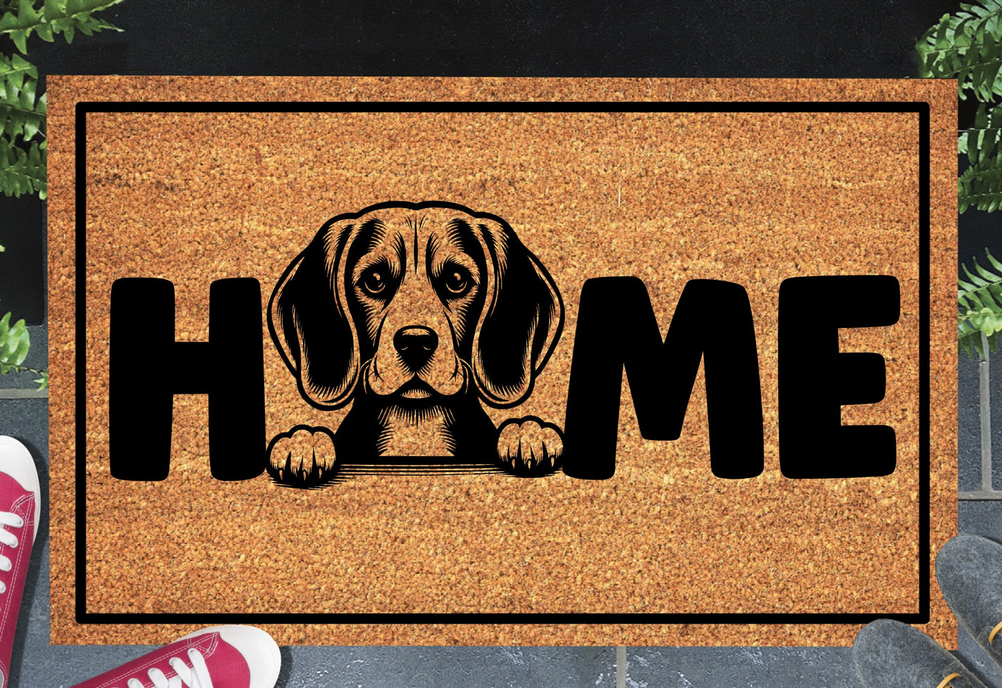 Beagle coir doormat with Beagle illustration replacing the letter O in HOME — natural coconut fiber welcome mat 
