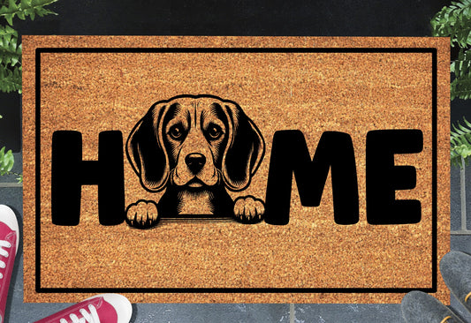 Beagle coir doormat with Beagle illustration replacing the letter O in HOME — natural coconut fiber welcome mat 