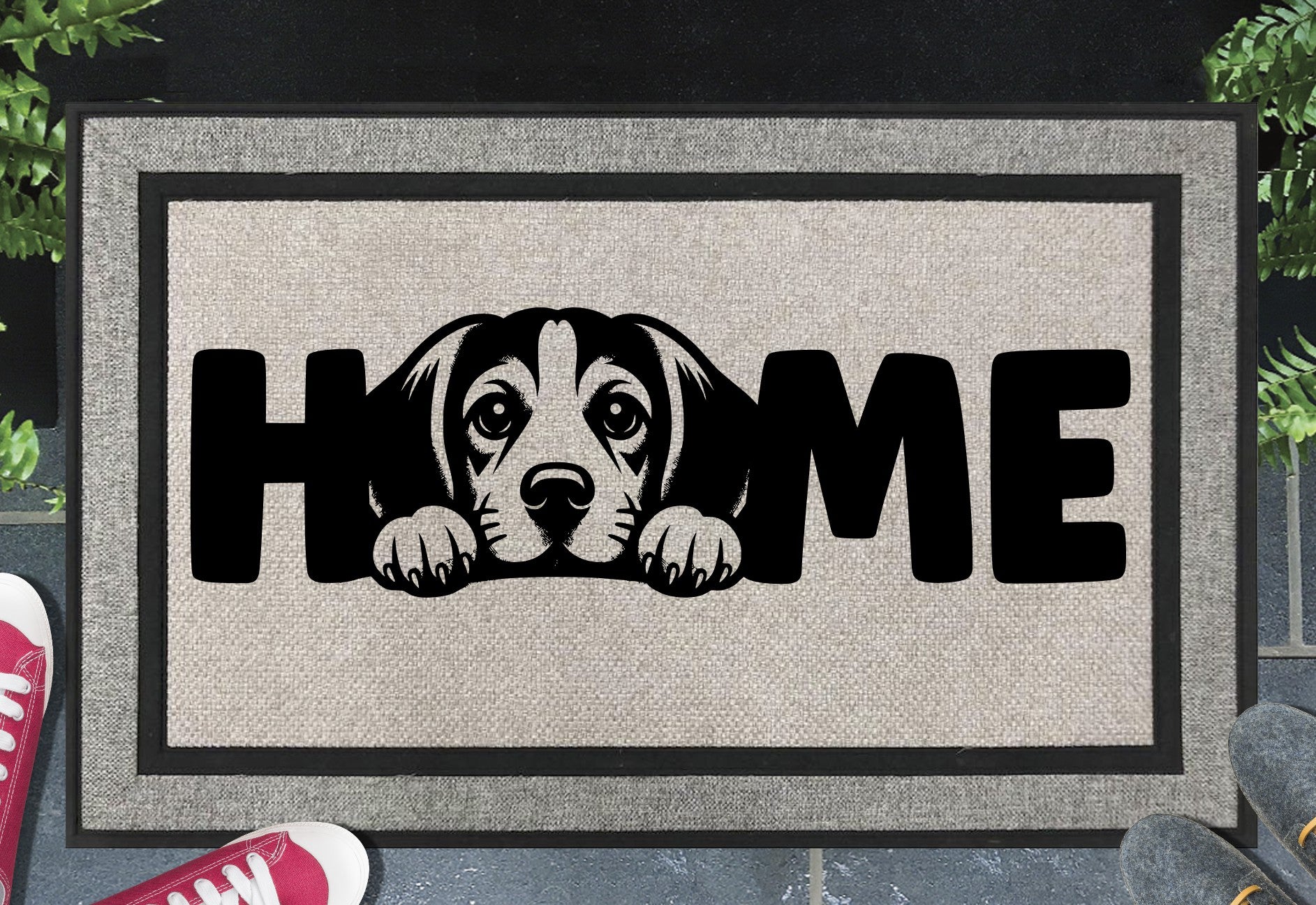 Beagle all-weather doormat with Beagle illustration replacing the letter O in HOME — woven polyester
