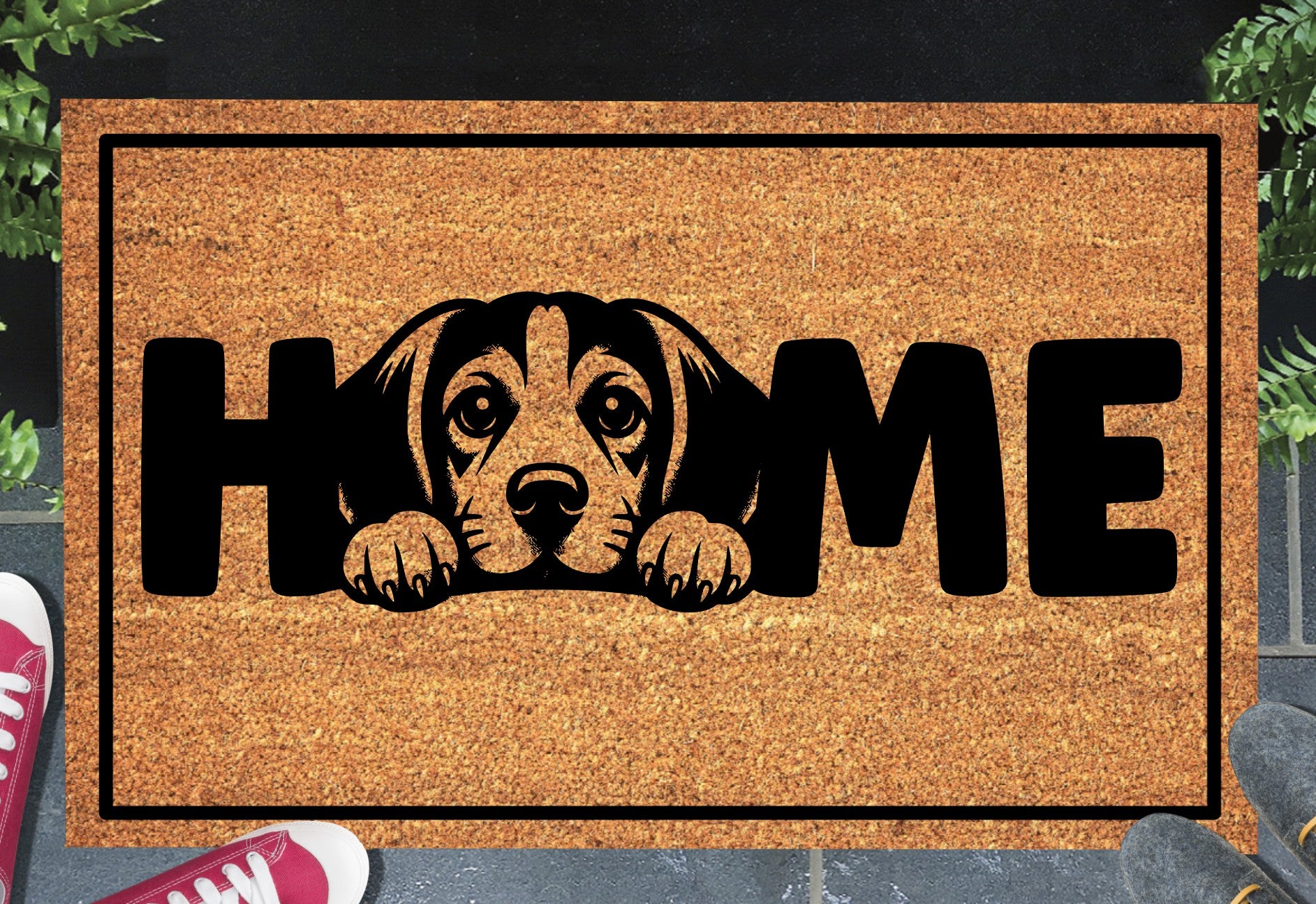 Beagle coir doormat with Beagle illustration replacing the letter O in HOME — natural coconut fiber welcome mat