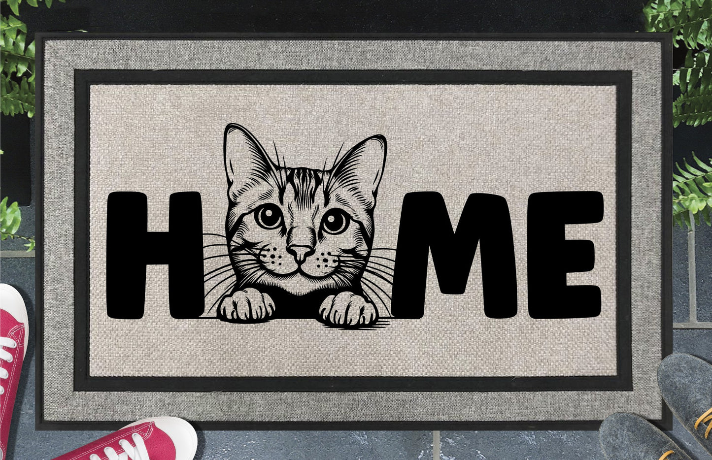 Bengal Cat all-weather doormat featuring a House Leopard illustration replacing the letter O in HOME, woven polyester, 18x30