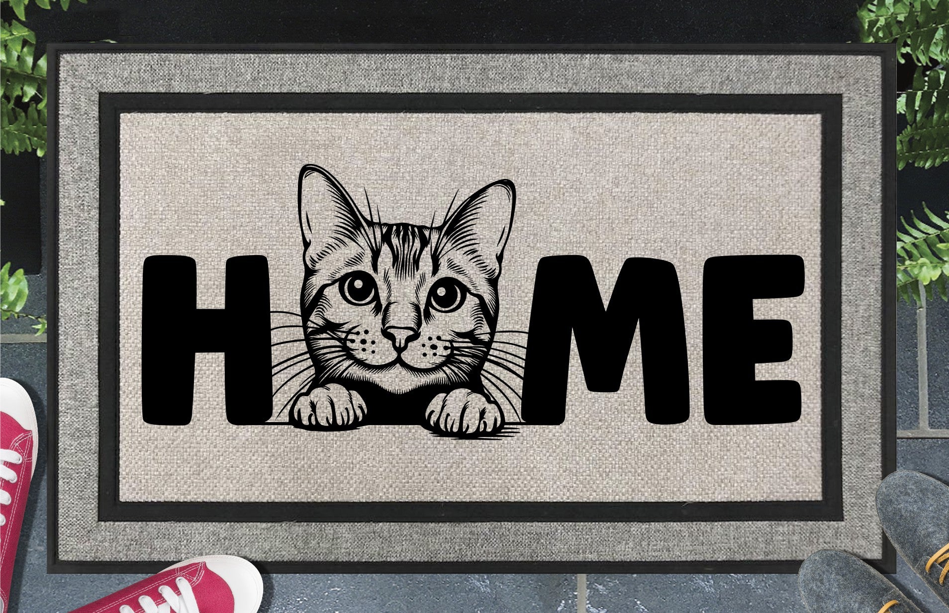 Bengal Cat all-weather doormat featuring a House Leopard illustration replacing the letter O in HOME, woven polyester, 18x30