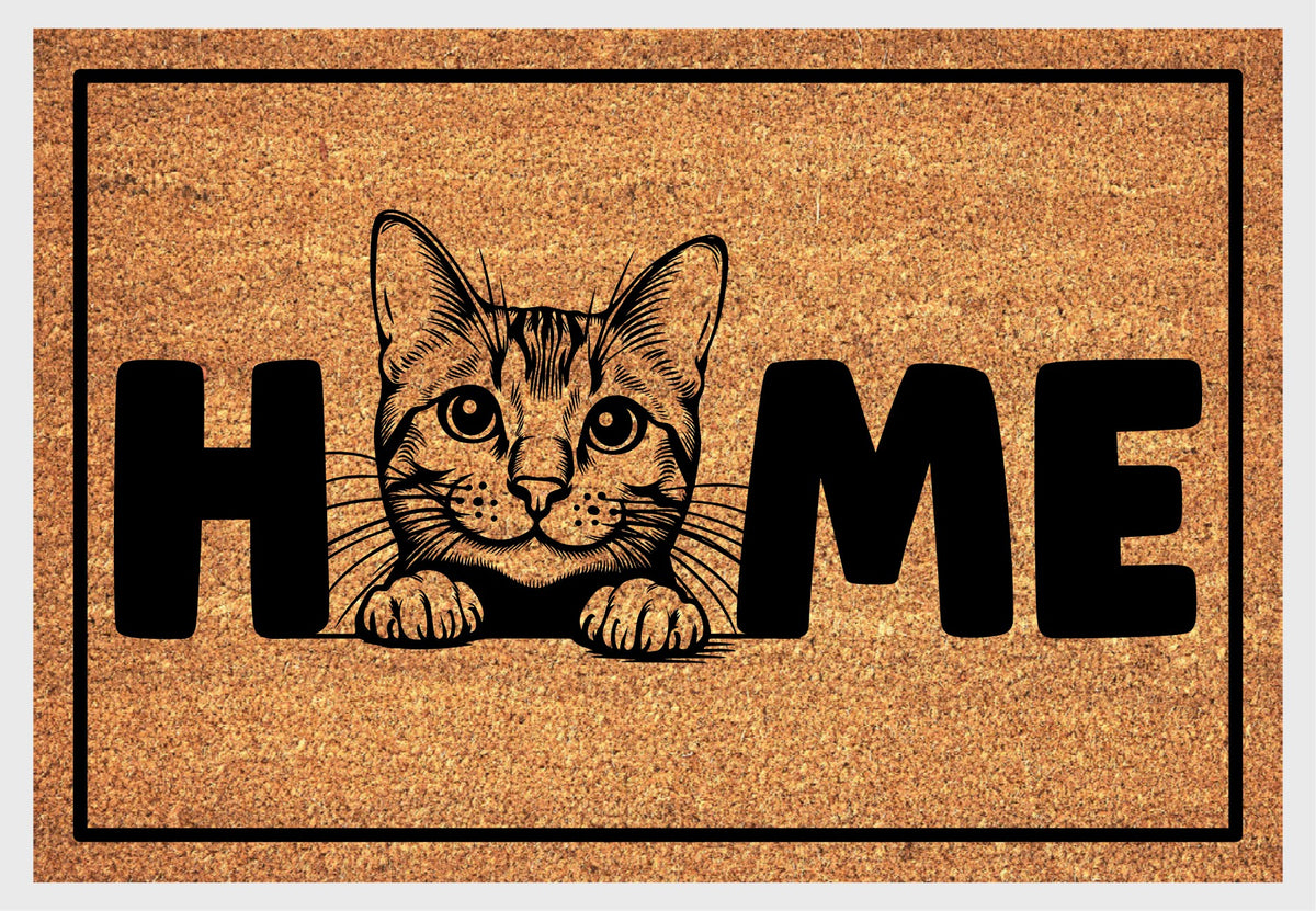 Bengal Cat coir doormat #1 on a front porch, natural coir fiber, House Leopard O-replacement design