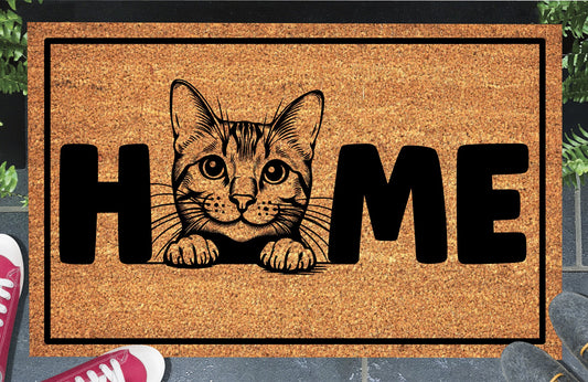 Bengal Cat coir doormat #1 featuring a House Leopard illustration replacing the letter O in HOME, natural coconut husk, white background