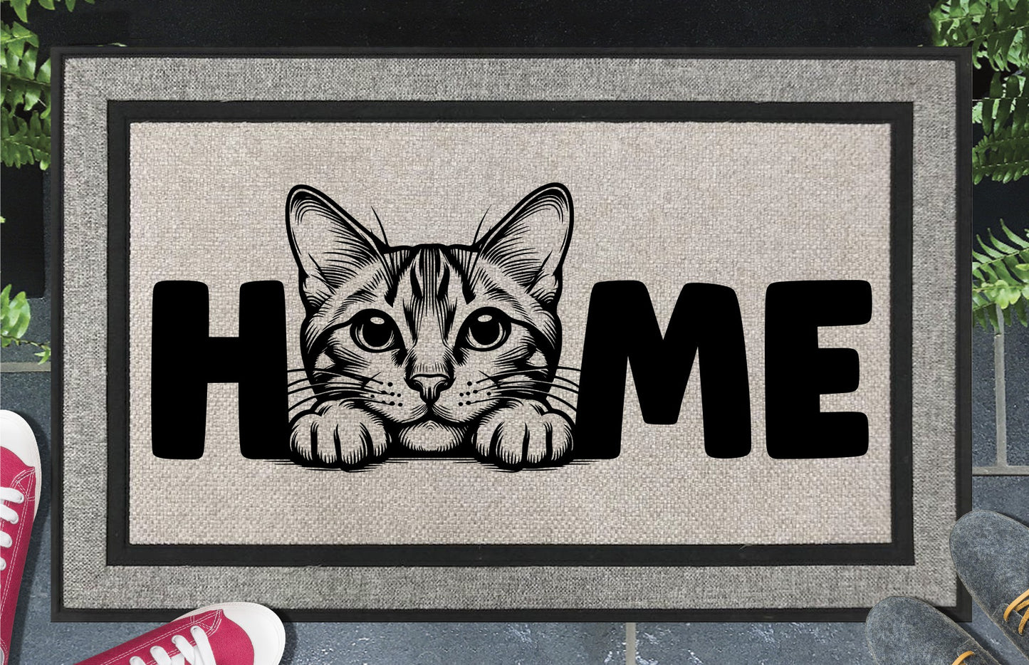 Bengal Cat all-weather doormat #2 featuring a Little Leopard illustration replacing the letter O in HOME, woven polyester, 18x30