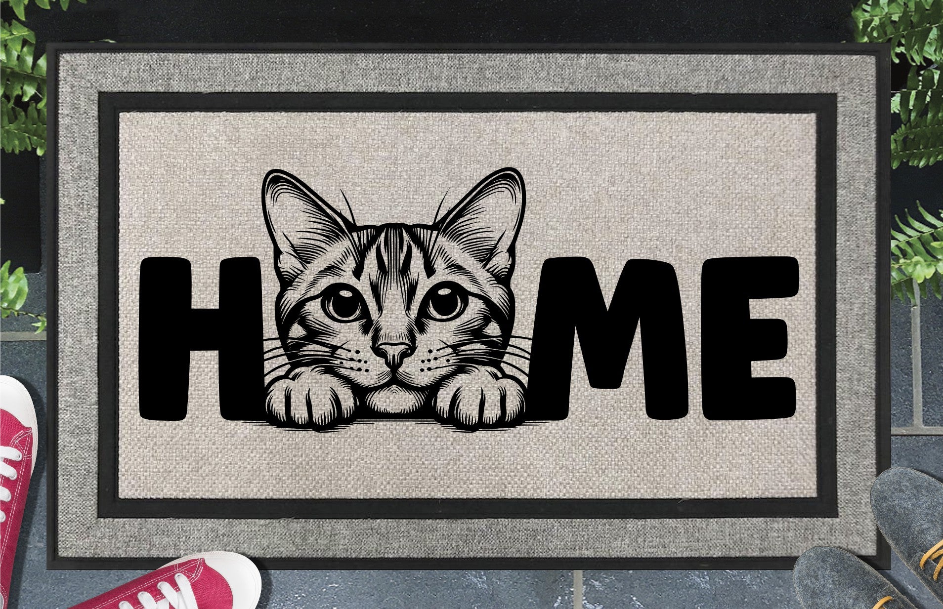 Bengal Cat all-weather doormat #2 featuring a Little Leopard illustration replacing the letter O in HOME, woven polyester, 18x30