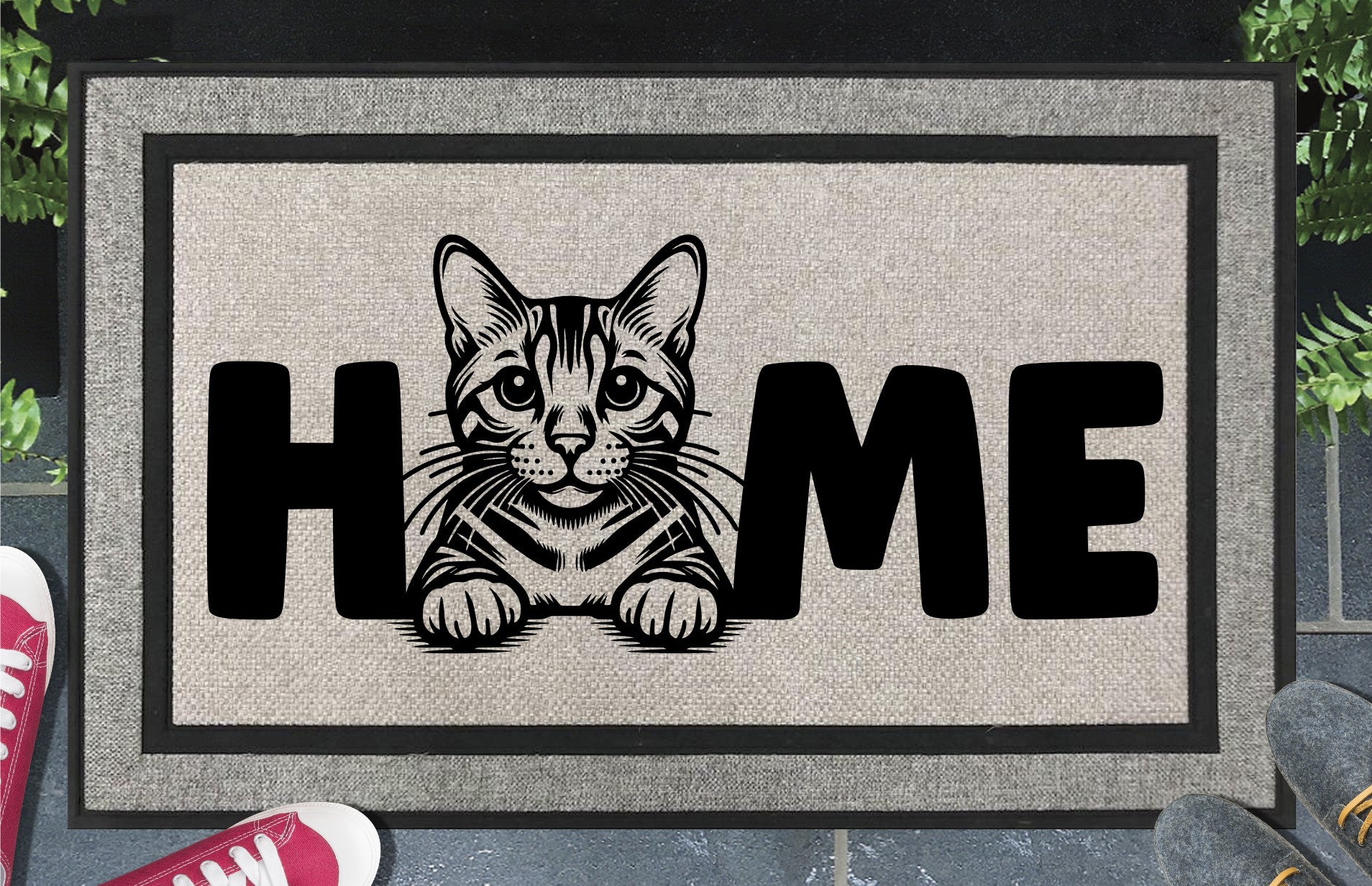 Bengal Cat all-weather doormat #3 featuring a Benny illustration replacing the letter O in HOME, woven polyester, 18x30