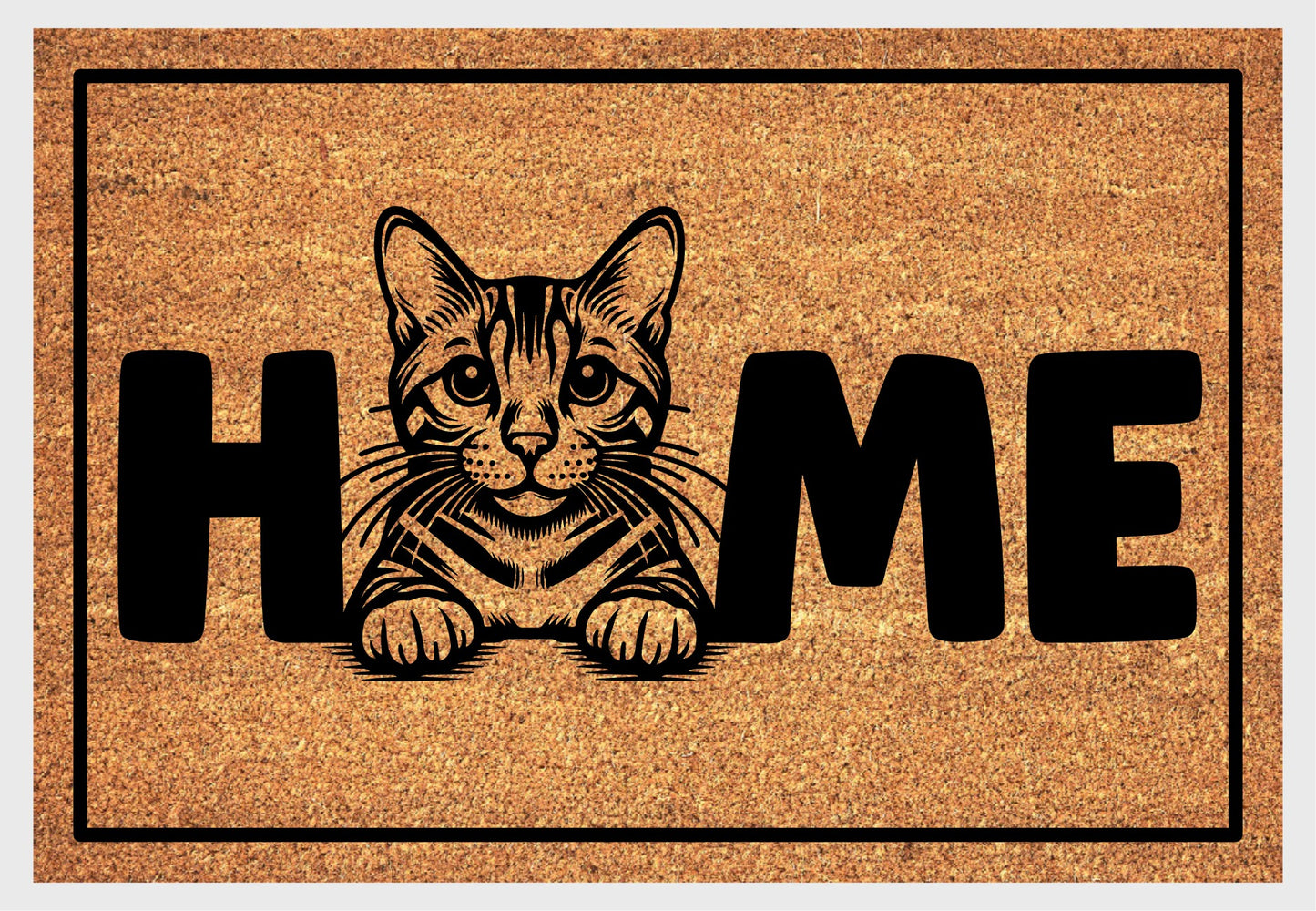 Bengal Cat coir doormat #3 Benny design on a front porch, natural coir fiber