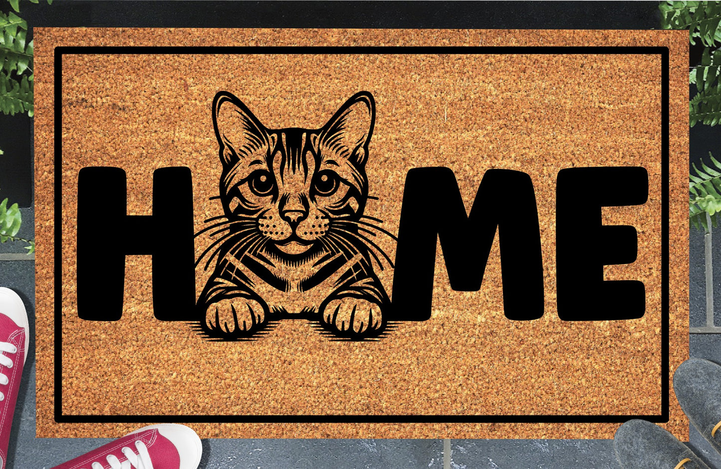 Bengal Cat coir doormat #3 featuring a Benny illustration replacing the letter O in HOME, natural coconut husk