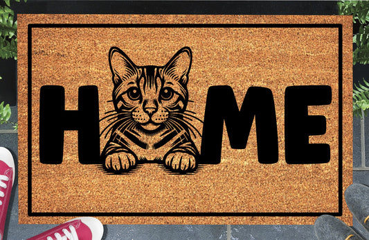 Bengal Cat coir doormat #3 featuring a Benny illustration replacing the letter O in HOME, natural coconut husk