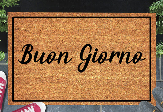 Buon Giorno Italian good morning doormat in entryway – natural coir welcome mat