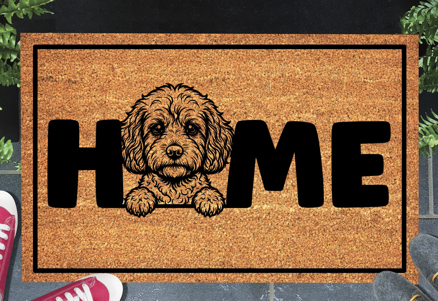 Cavapoo doormat shown in a front doorway entryway setting