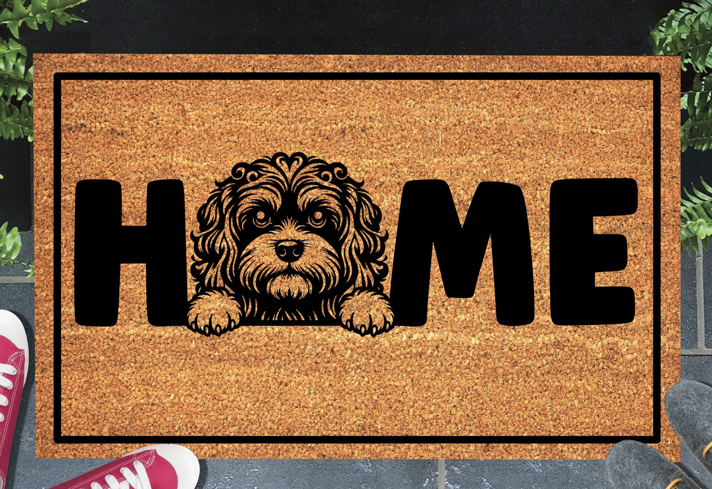 Cavapoo doormat #2 shown in a front doorway entryway setting