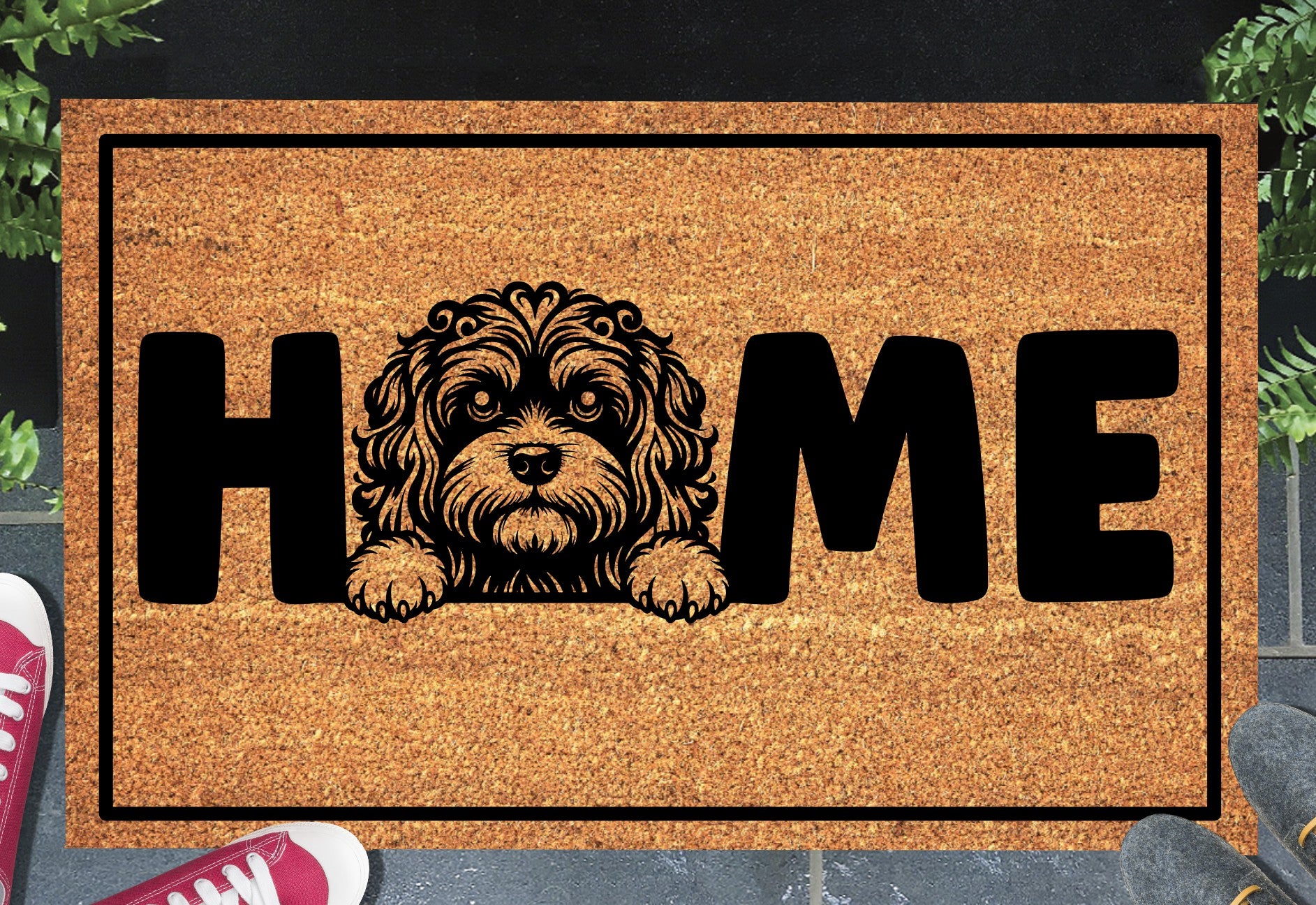 Cavapoo doormat #2 shown in a front doorway entryway setting
