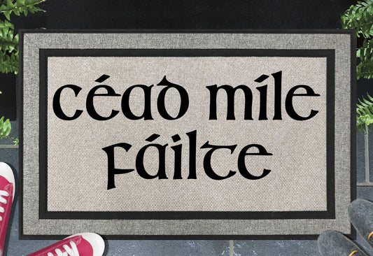 Cead Mile Failte Doormat #1 all weather mat with Irish welcome text placed at front door entryway