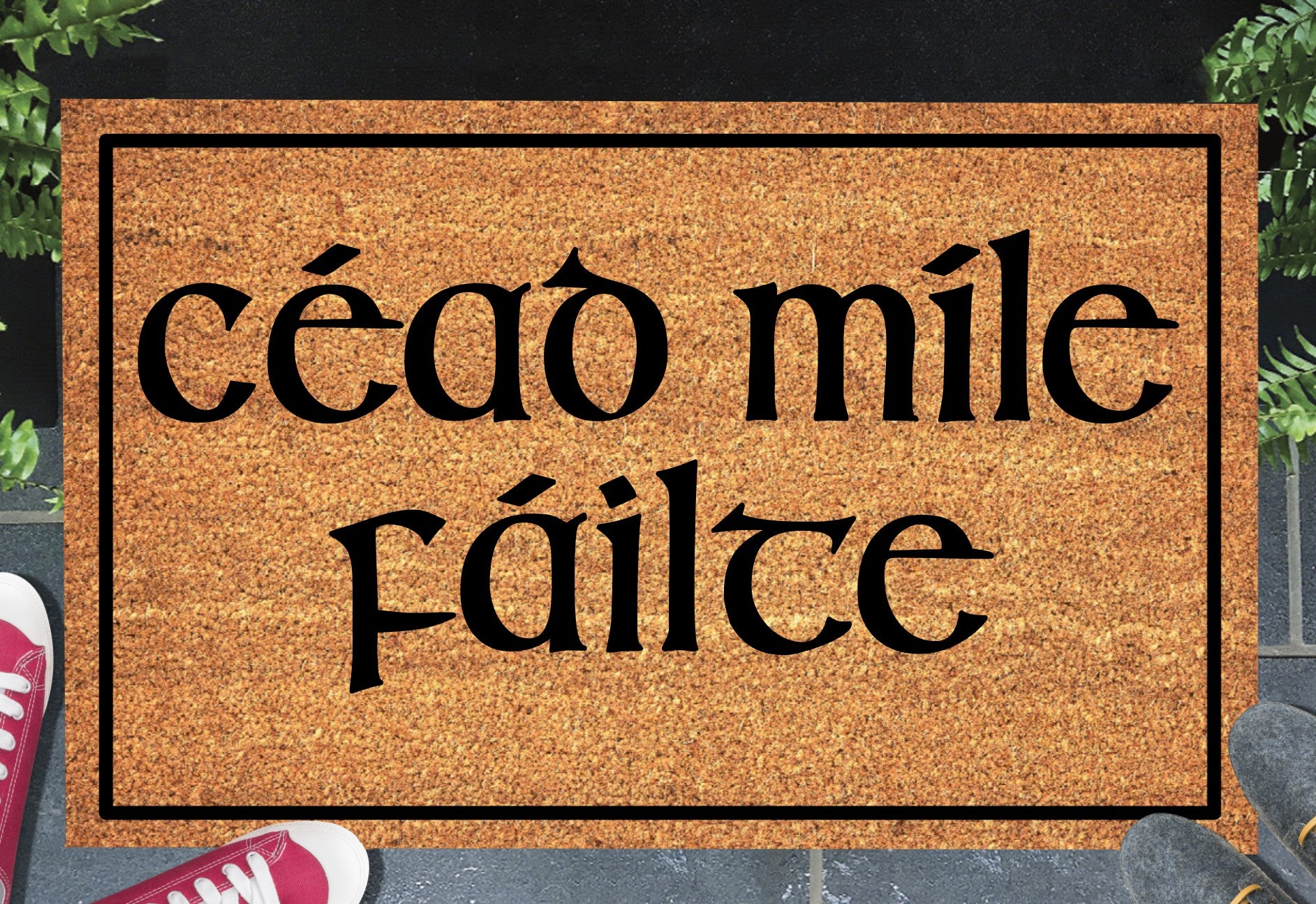 Cead Mile Failte Doormat #1 with Irish welcome text placed at front door entryway