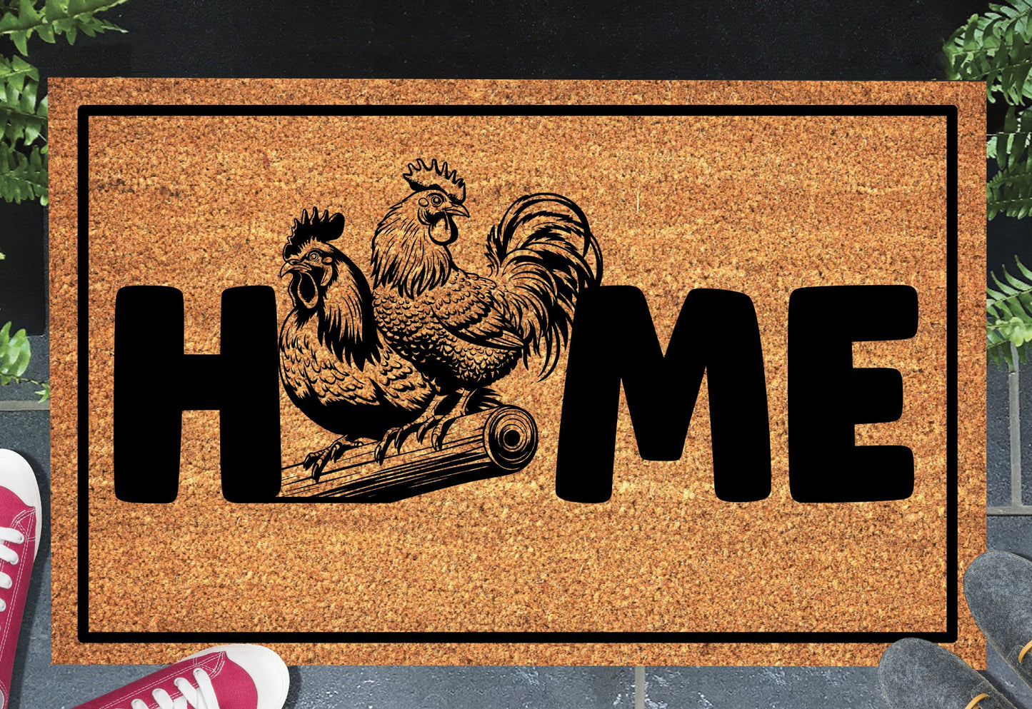 Chicken and Rooster doormat #3 on front porch entryway