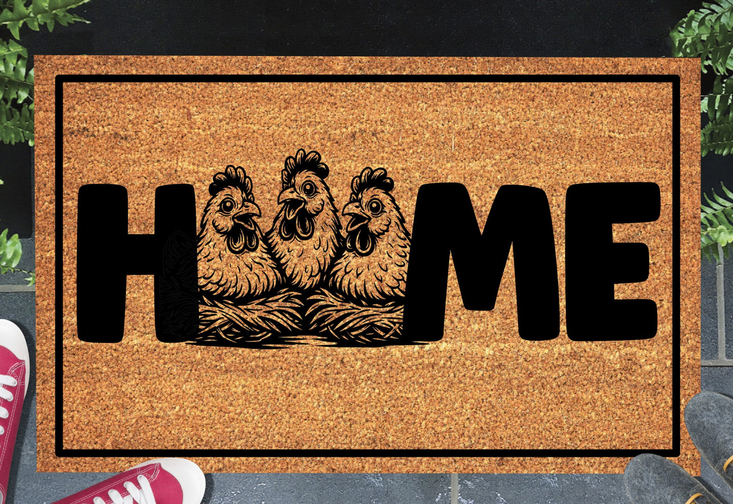 Chickens Doormat - Natural coir welcome mat featuring three roosting chickens on nests with 'home' text and non-slip backing