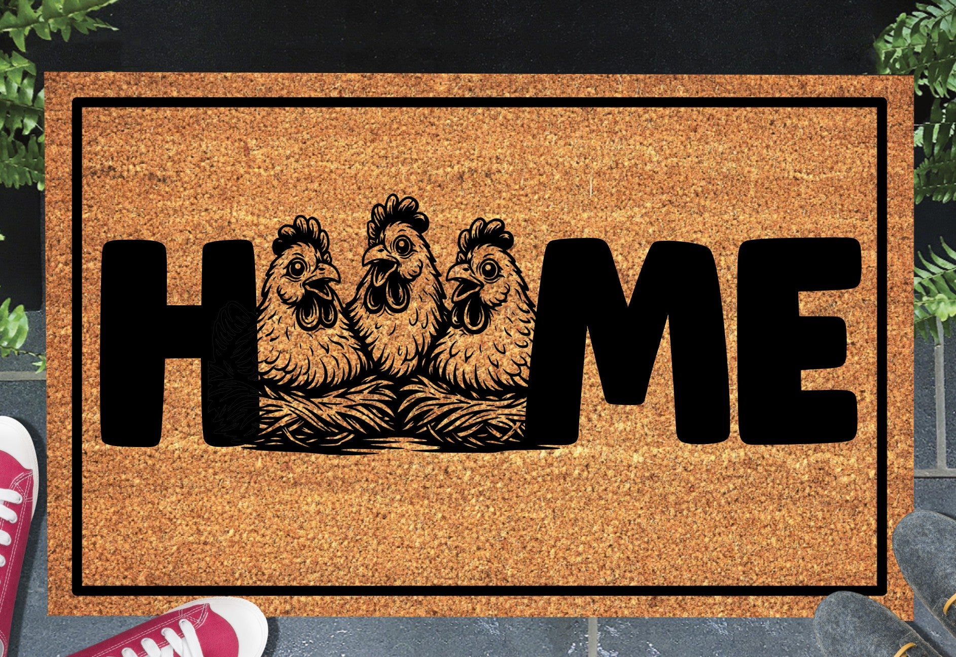 Chickens Doormat - Natural coir welcome mat featuring three roosting chickens on nests with 'home' text and non-slip backing