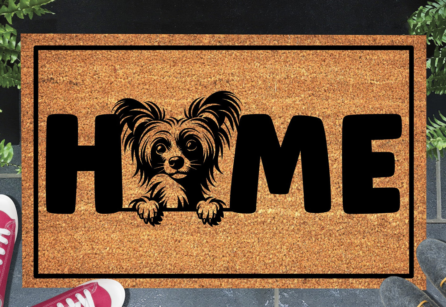 Chinese Crested Doormat #1 with dog breed design placed at front door entryway