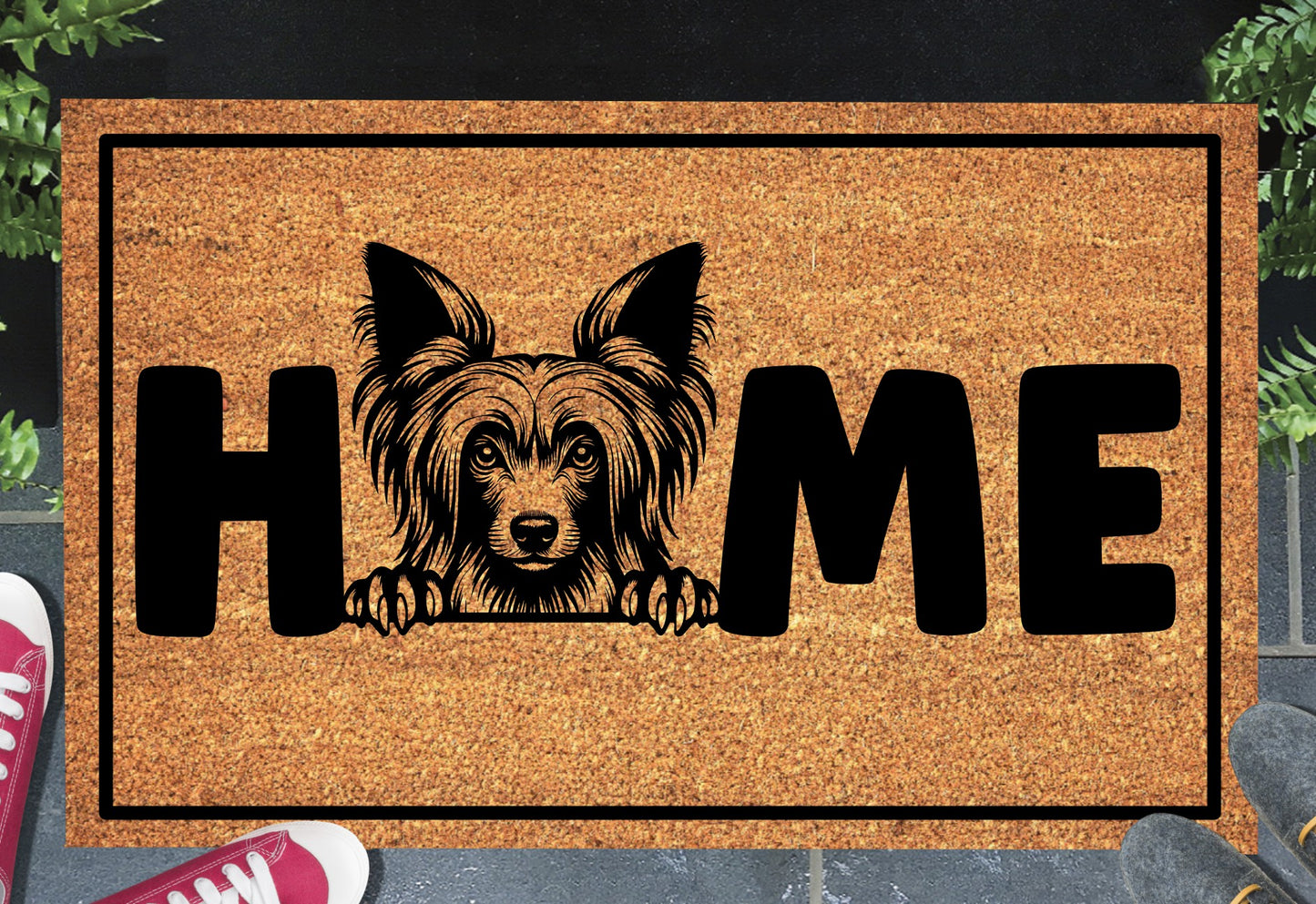 Chinese Crested Doormat #2 with dog breed design placed at front door entryway