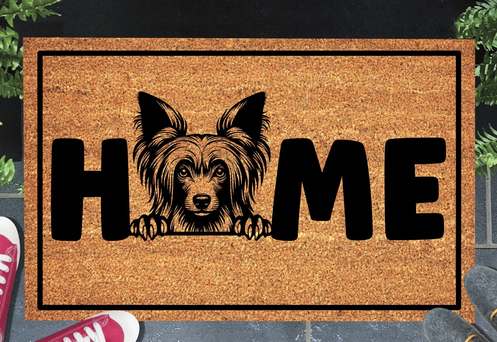 Chinese Crested Doormat #2 with dog breed design placed at front door entryway