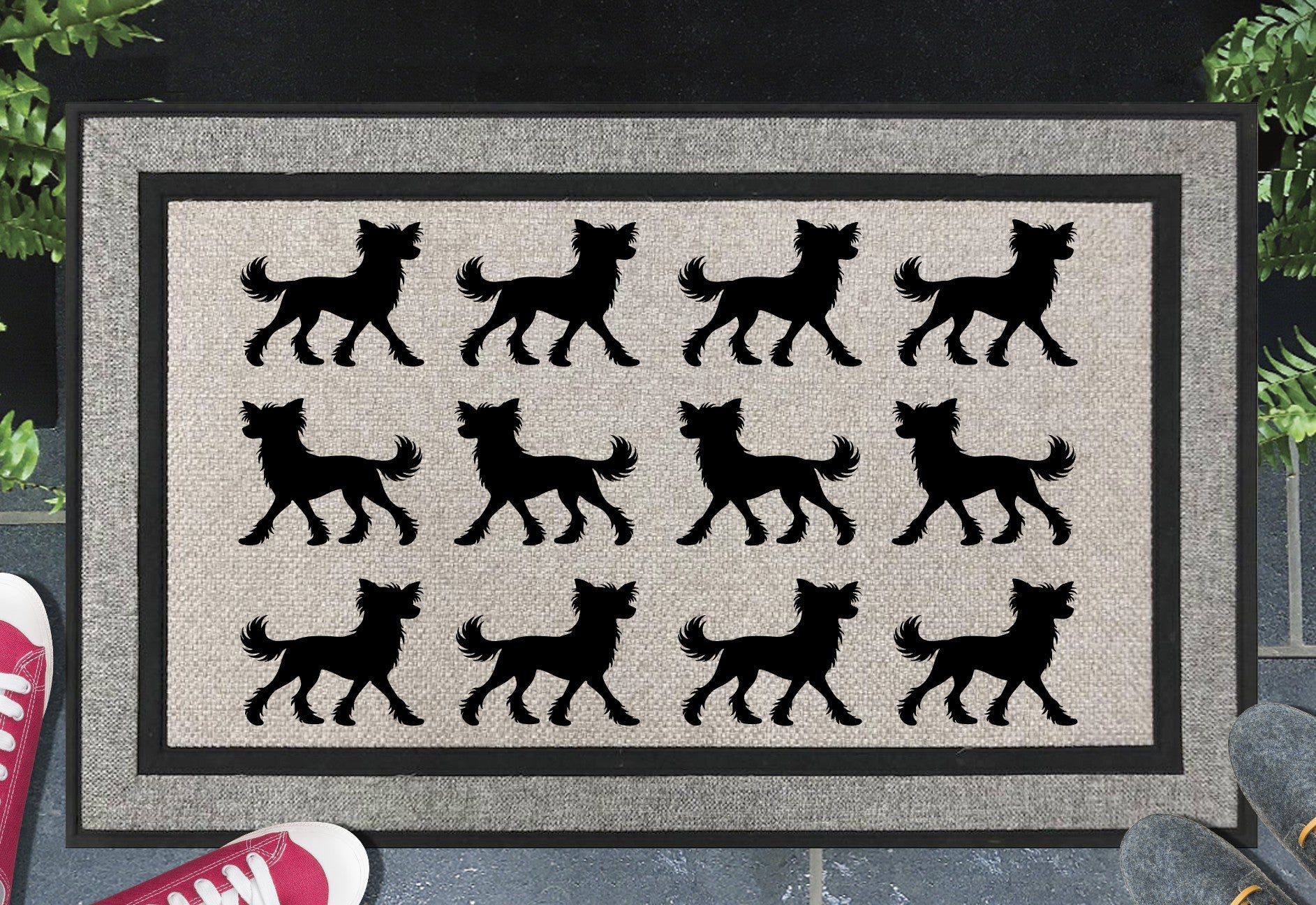 Chinese Crested Silhouette Doormat #1 all weather mat with dog breed design placed at front door entryway