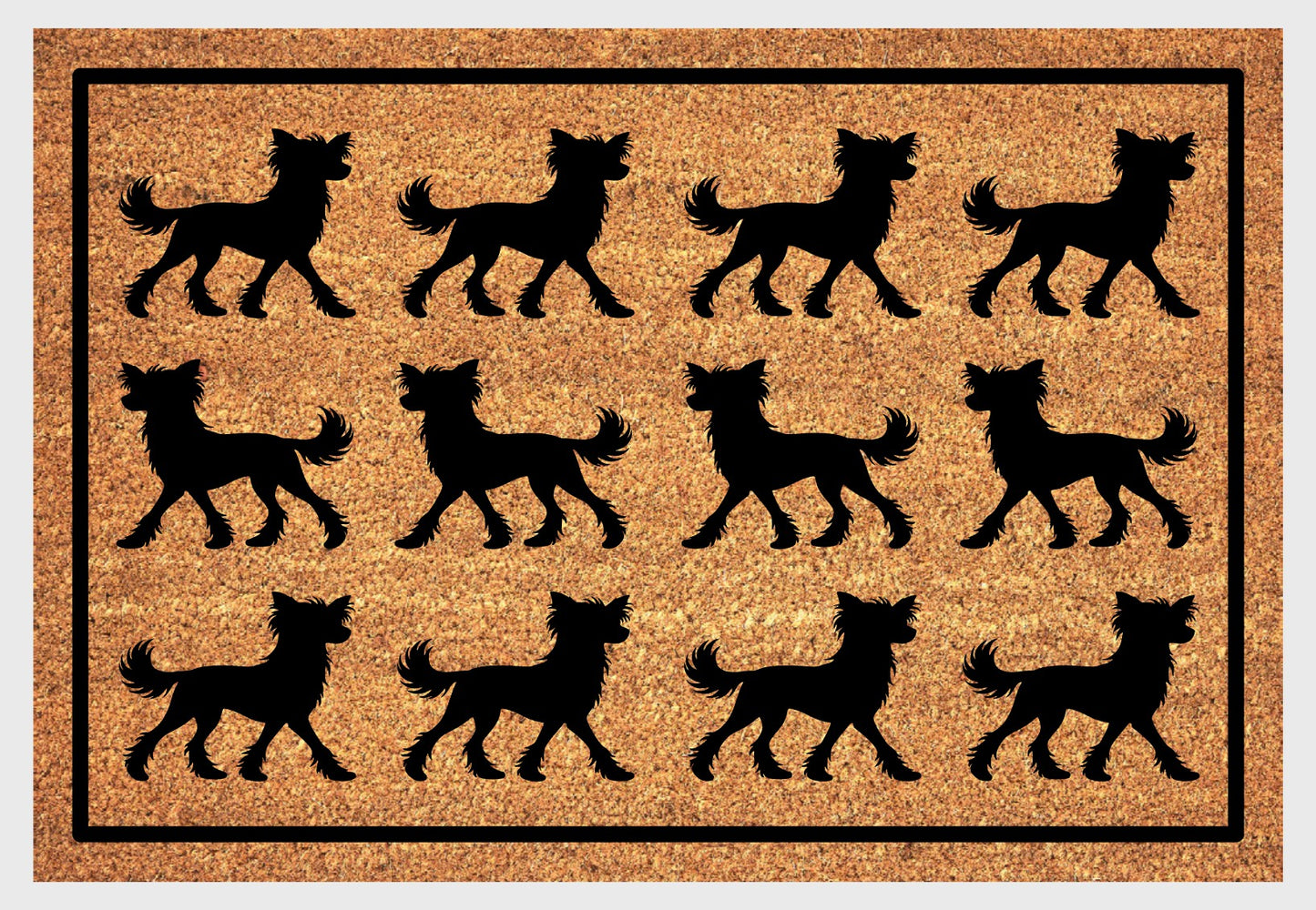 Chinese Crested silhouette doormat coir material close-up showing natural coconut fiber texture