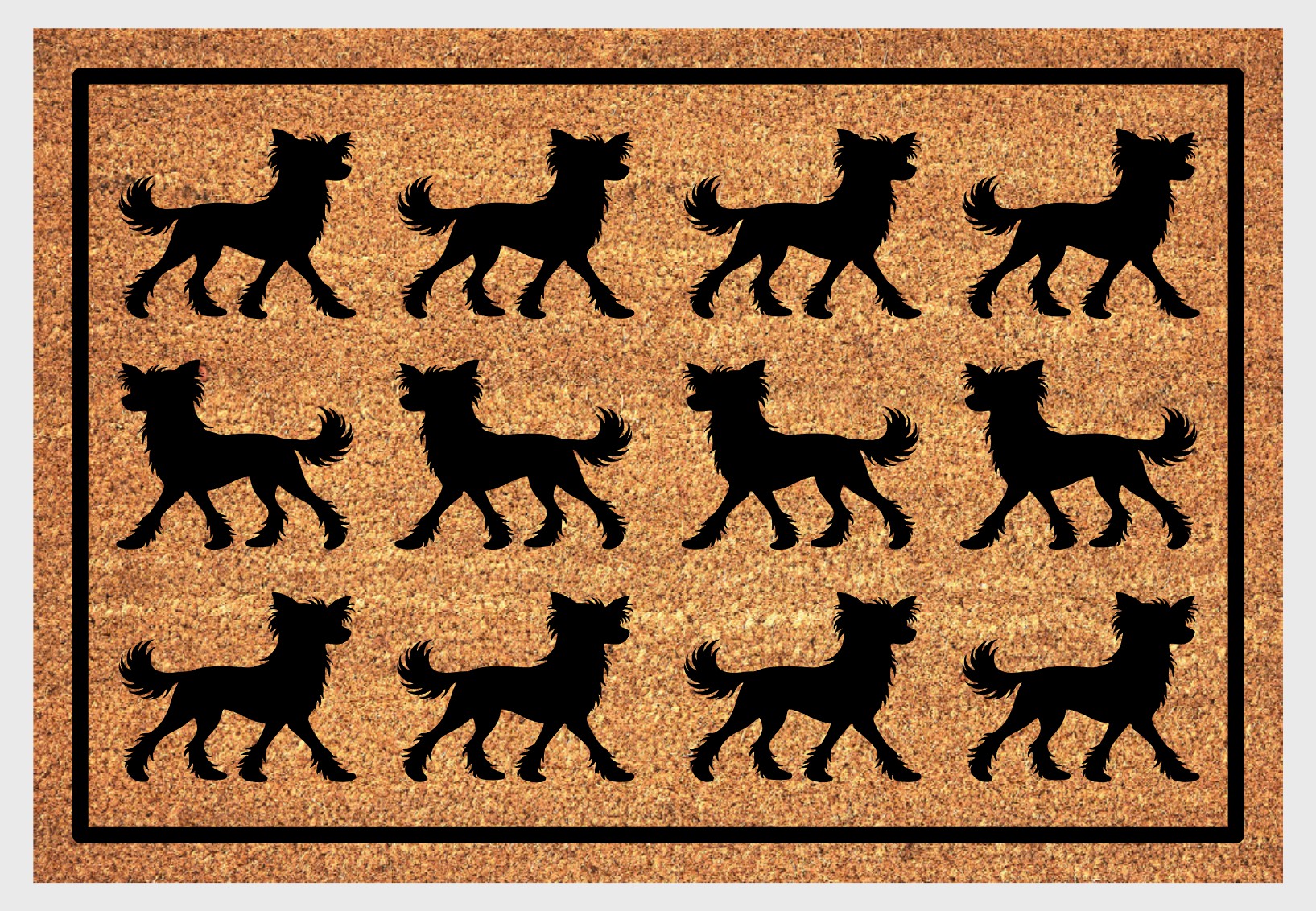 Chinese Crested silhouette doormat coir material close-up showing natural coconut fiber texture