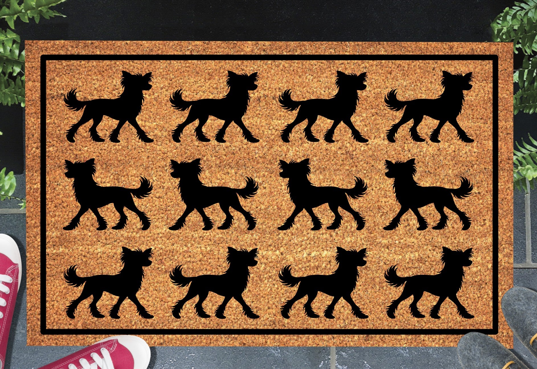 Chinese Crested Silhouette Doormat #1 with dog breed design placed at front door entryway
