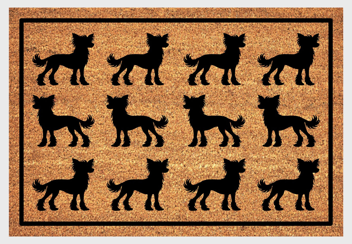 Chinese Crested silhouette doormat coir material close-up showing natural coconut fiber texture