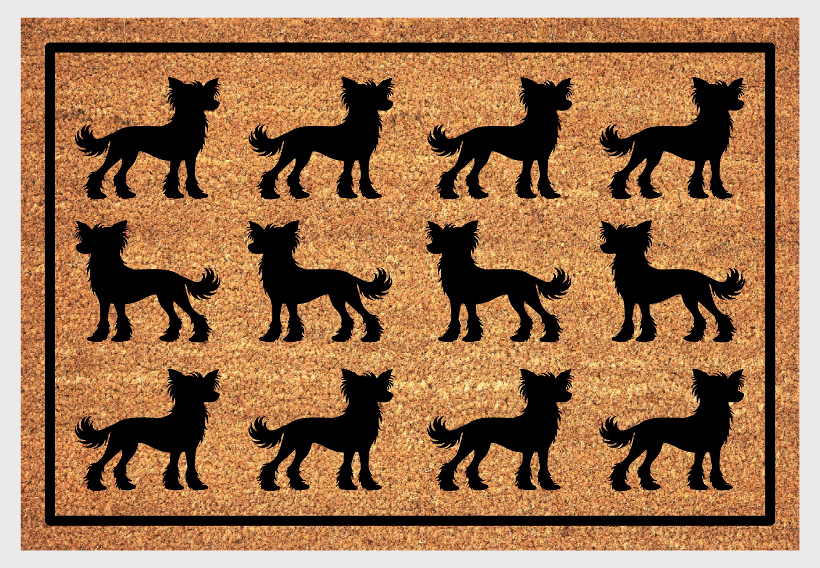 Chinese Crested silhouette doormat coir material close-up showing natural coconut fiber texture