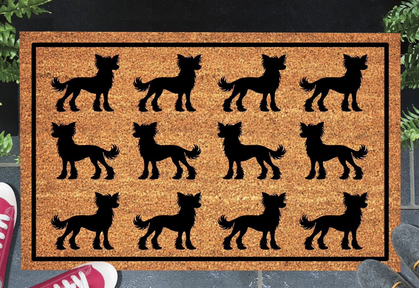 Chinese Crested Silhouette Doormat #2 with dog breed design placed at front door entryway