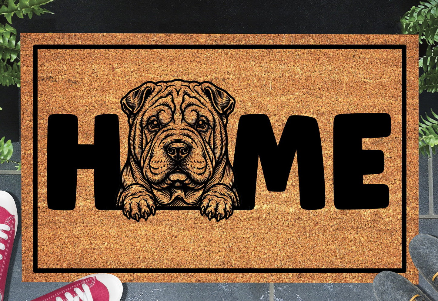 Chinese Shar-Pei doormat shown in a front doorway entryway setting