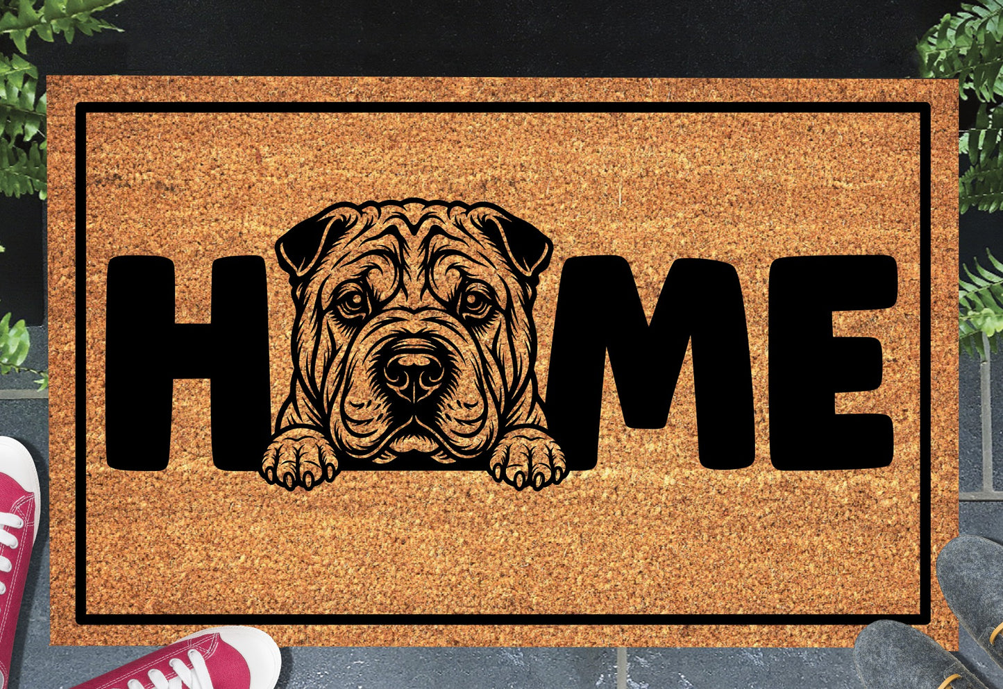 Chinese Shar-Pei doormat #2 shown in a front doorway entryway setting