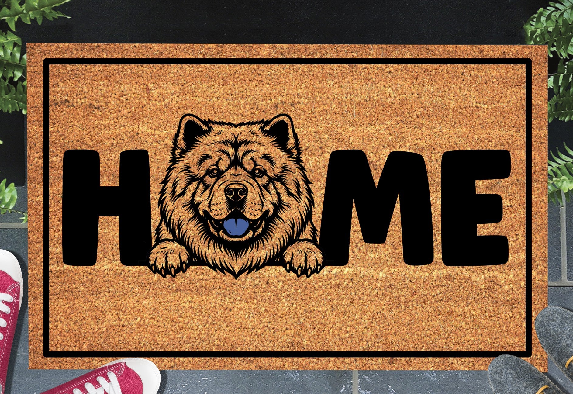 Chow Chow doormat shown in a front doorway entryway setting