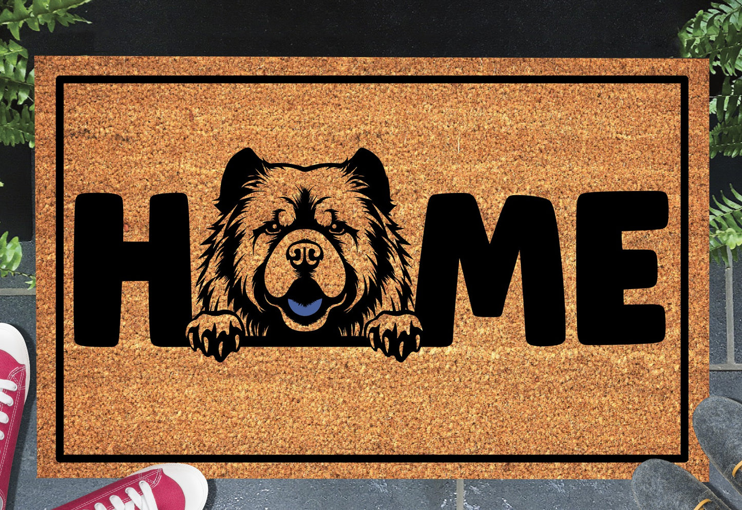 Chow Chow doormat shown in a front doorway entryway setting