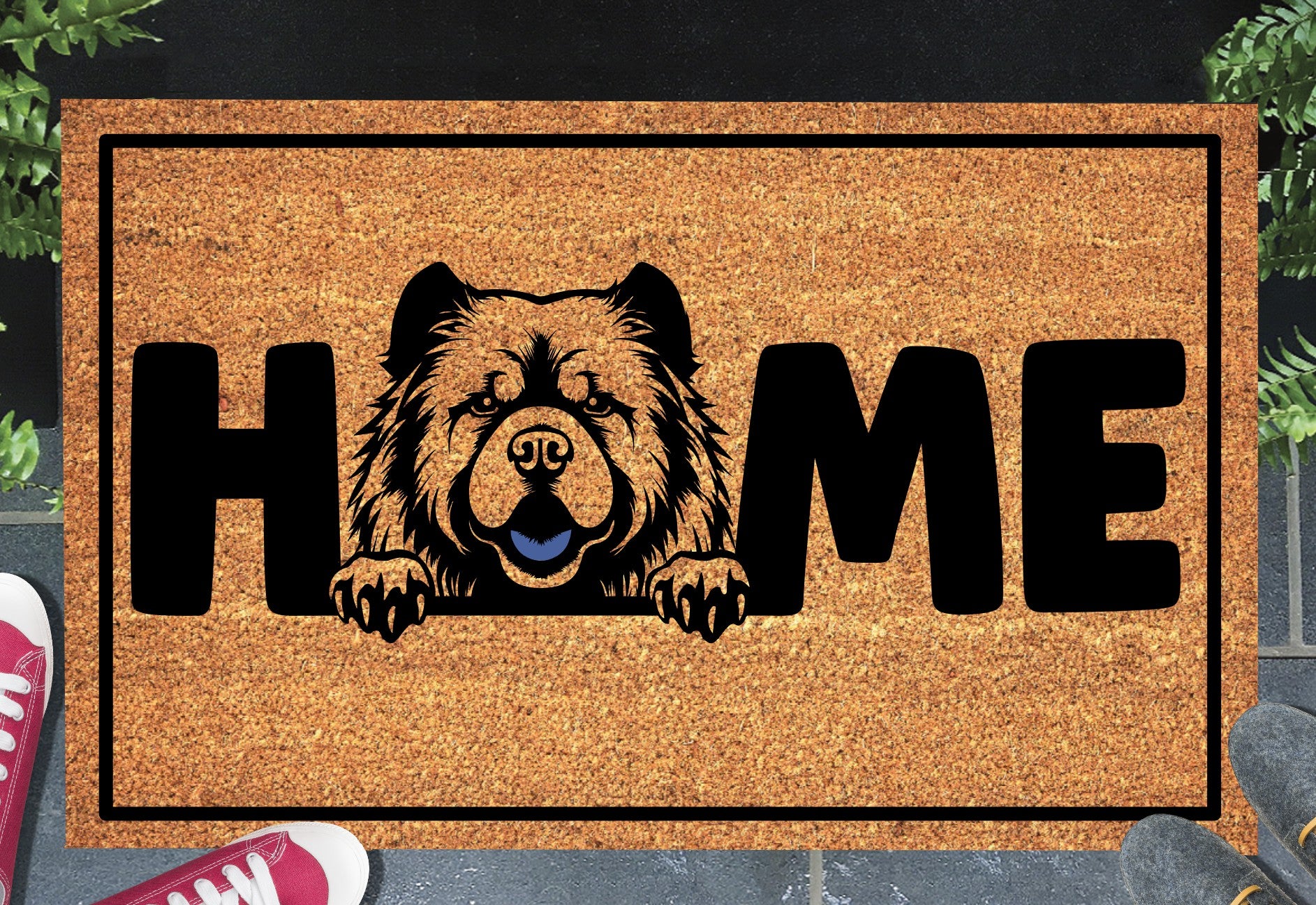 Chow Chow doormat shown in a front doorway entryway setting